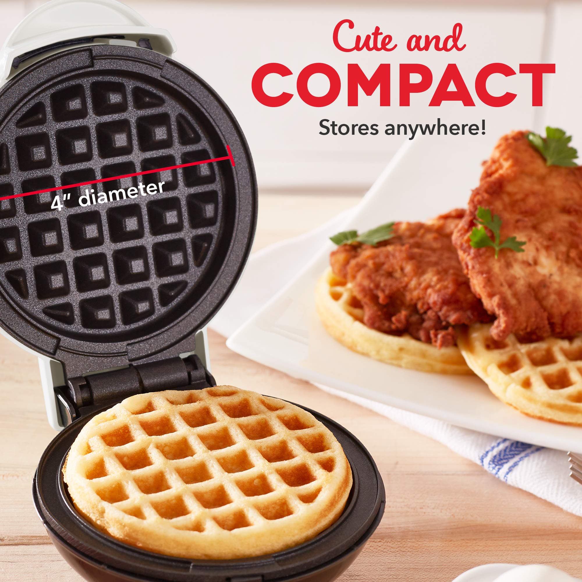 Dash Dmw100Rp Mini Maker For Individual Waffles, Hash Browns, Keto Chaffles With Easy To Clean, Non-Stick Surfaces, 4 Inch, Whit
